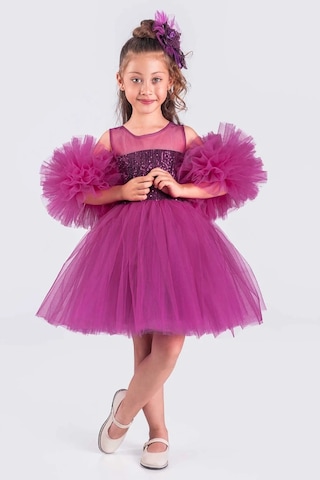 Kız Çocuk Abiye Elbise Ponpon Kol Pul Payetli Tütülü Fuşya