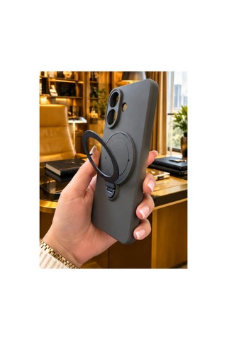 Poco X8 Pro İle Uyumlu 360 Derece Dönebilen Kalın Metal Magsafe Halka Stantlı İçi Kadife Korumalı Ultra Lüx Premium Silikon Kılıf Koyu Gri