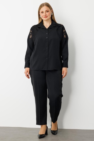 Moda İlgi Kadın Büyük Beden Nakış Detaylı Oversize Gömlek 0041 Siyah Siyah