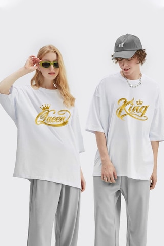 Unisex Kadın Erkek King Queen Baskılı Sevgili Çift Kombini Tasarım Oversize T-shirt 2'li Set Beyaz Mck1952 Beyaz