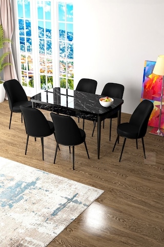 Canisa Concept Zen Serisi 80x132 Mdf Açılabilir Siyah Mermer Desen Masa Takımı Ve 6 Siyah Sandalye Siyah