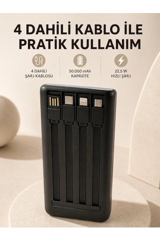 Hızlı Şarj Powerbank 50.000 Mah 4 Dahili Kablolu Led Aydınlatmalı Dijital Göstergeli Taşınabilir Bat