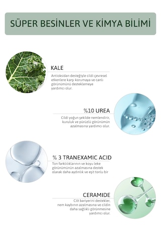 Kale, %10 Üre, %3 Traneksamik Asit, Seramid İçeren 24 Saat Etkili, Yoğun Nemlendirici, Pürüzsüzleştirici, Ton Eşitleyici Vücut Kremi 200 Ml