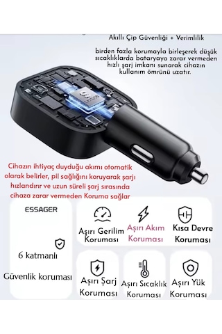 Essager 45w 3'ü 1'arada Geri Çekilebilir Kablolu Type-c+usb Araç Şarj Cihazı Hızlı Ce+rohs Lisanslı Sağlam -