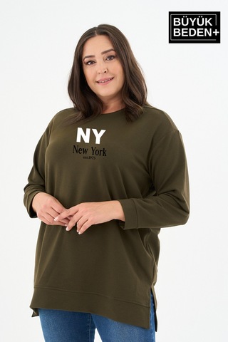Süperlife Kadın Tunik Büyük Beden Ny Newyork Baskılı İnce Sweatshırt Spr26btk990-1 Haki