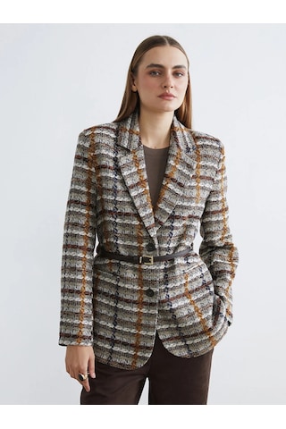 Lc Waikiki Bej Ekose Kemerli Kadın Tüvit Blazer Ceket