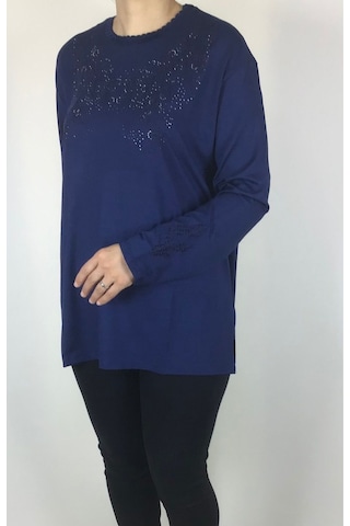 Kadın Likralı Turlu Viskon Büyük Beden Yaka Ve Kolağzı Taşlı Ve İşlemeli Bluz Mavi