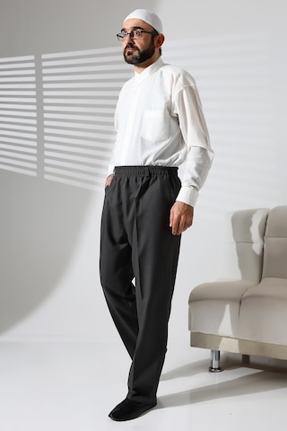 Erkek Beli Lastikli Cepli Hac Ve Umre Kışlık Yün Efektli Şalvar Pantolon - Füme İsr Füme