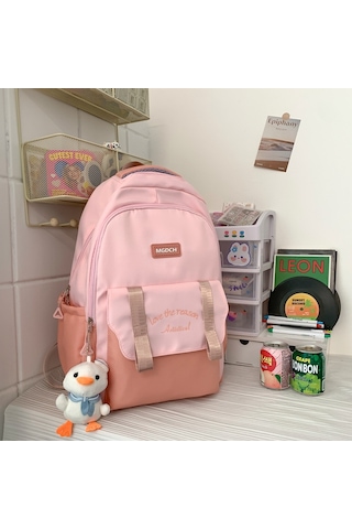 Kontrast Renkli Çevirmeli Çok Katlı Okul Çantası Büyük Kapasitesi Sırt Çantası  Pembe
