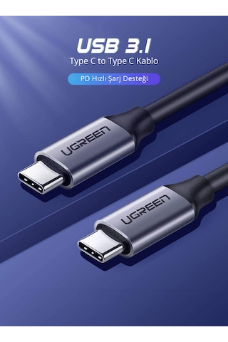 Ugreen 50751 60W Thunderbolt USB3.1 GEN1 3A QC PD Hızlı Şarj Kablosu 1.5 Metre Siyah
