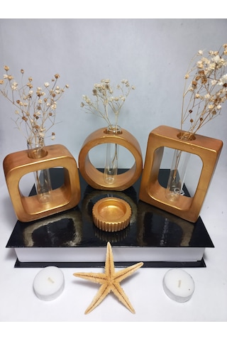 Modern Sanat Esintili, Dikdörtgen-kare-yuvarlak Formlu, Cam Tüplü Dekoratif 3'lü Vazo Set Gold