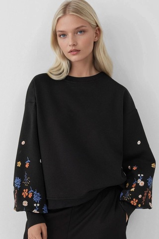 Hiccup Baskılı Uzun Kollu Yuvarlak Yaka Sweatshirt Siyah