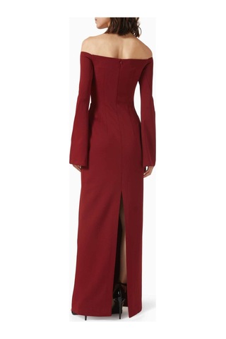 Eegen Studio Louisa Maxi Dress - Off - Shoulder, Düğmeli Kollu, Sırt Yırtmaçlı, Şık Tasarım Elbise Kırmızı