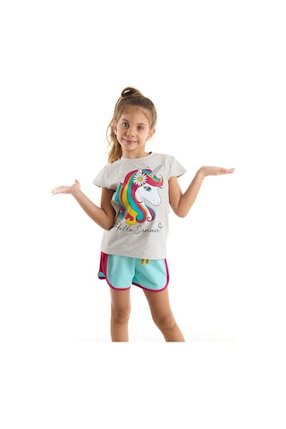 Denokids Mushi Çiçekli Unicorn Kız T-Shirt Şort Takım Çok Renkli