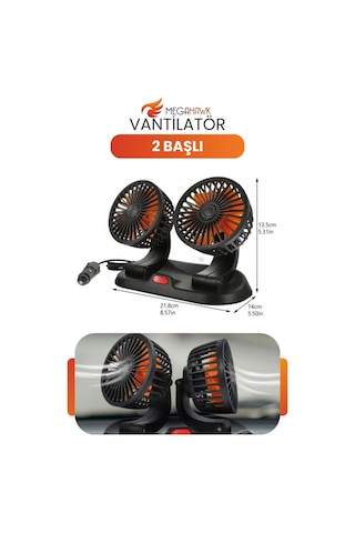 Çift Başlı Araç İçi Vantilatör 12v Çakmak Girişli Ayarlanabilir Oto Fan