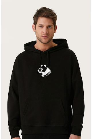 Unisex Oversize Minimal Bear Baskılı Kapüşonlu Sweatshirt Siyah