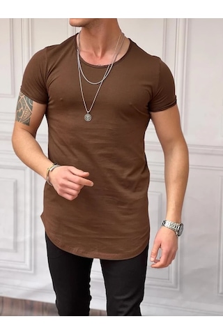 Modefendi Slim Fit Oval Kesim Pamuk Basic Tshırt Kahverengi