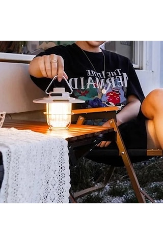 Vintage Led Kamp Lambası - Suya Dayanıklı 5000 Mah Pil Açık Ahşap
