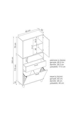 Çamaşır Sepetli Banyo Dolabı, Çok Amaçlı Dolap 90 X 200, Roomart Atlantik Çam - Beyaz