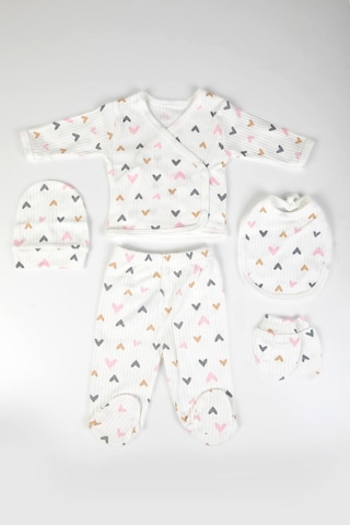 Baby Shez %100 Pamuklu Fitilli 5 Parça Yenidoğan Hastane Çıkışı Kalpli Zıbın Set Gri