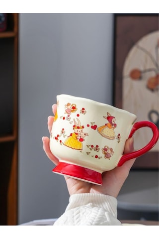 Sevimli Tavşan Karikatür Desenli Seramik Kupa 1982 Kırmızı