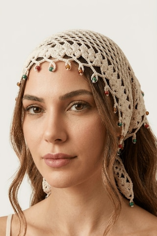 %100 El Örgüsü Boncuklu Bohem Kadın Bandana Saç Aksesuarı Krem