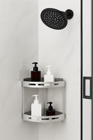 Alüminyum Paslanmaz 2 Katlı Banyo Köşe Rafı Banyo Düzenleyici Organizer Gümüş