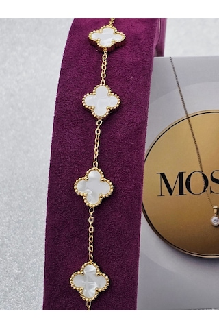 Gold Beyaz Sedefli Renk Çelik Bileklik Yoncalı Model Beyaz