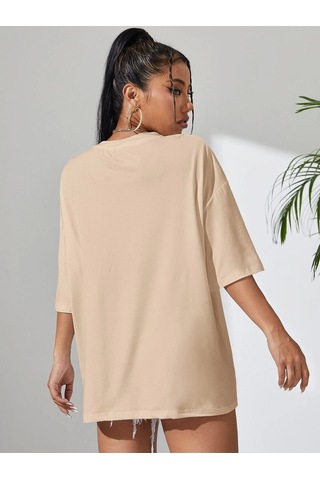 Flood Of Style Kadın Bej İf The Book Baskılı Oversize Bisiklet Yaka Tshirt