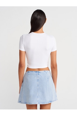 Dilvin 80585 %100 Pamuk Önü Fiyonklu Mini Denim Etek-mavi