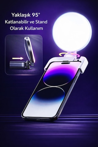 Exenar - Siyah - Şarjlı Telefon Led Işık Tutucu Telefon Klipsli Selfie Video Kamera Işık Tripod Uyumlu 3 Renk Led Siyah