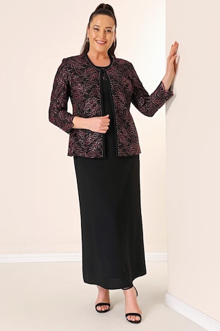 Yakası Boncuk Nakışlı Uzun Elbise Boncuk Pul Nakışlı Ceket Astarlı Büyük Beden 2'li Takım-35341-bordo Bordo