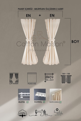 Naturel Perde Bohem Çift Kanat Büzgü Bantlı Krem