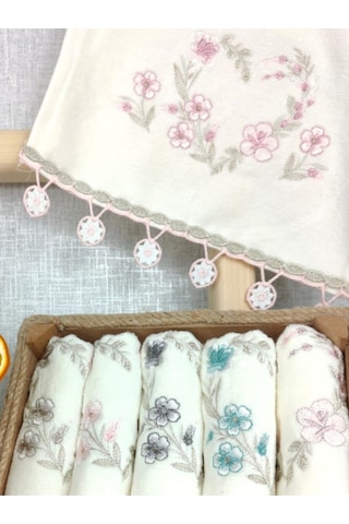 6'lı Set 30x50 Cm. Çeyizlik Kadife Nakışlı Yonca Küpeli Dantelli Lüks El Ve Mutfak Havlu Seti Saray Diğer