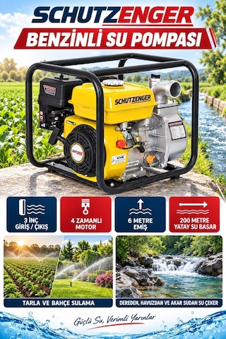 9 Hp 3 Inç Çıkışlı Benzinli Su Pompası 200 Mt Yatay Su Basar 4 Zamanlı Motor Turbo Güç Sarı