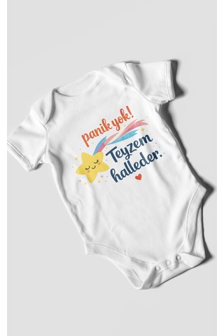 Morivokids Panik Yok Teyzem Halleder Kısa Kollu Bebek Body %100 Pamuk Beyaz