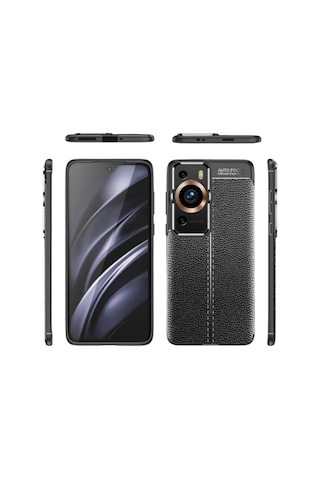Huawei P60 Pro Kamera Korumalı Deri Görünümlü Dikiş Desenli Koruyucu Niss Kapak Siyah