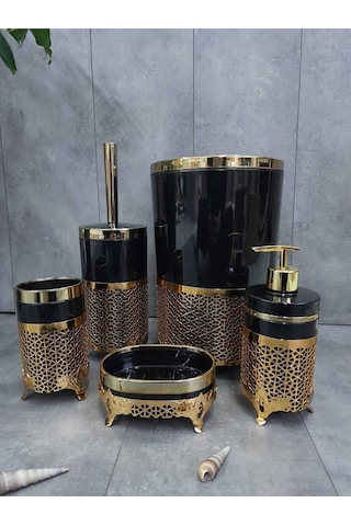 Avangard Siyah Üzeri Gold Işlemeli 5'li Banyo Seti Siyah