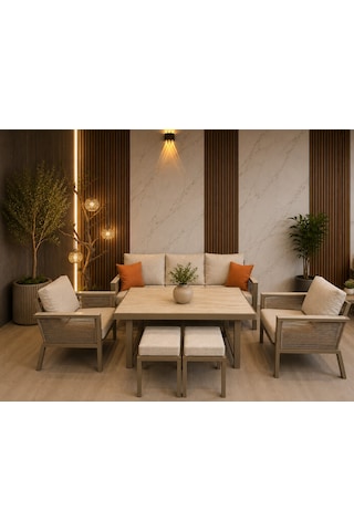 Kanyon Metal Bahçe Balkon Teras Koltuk Takımı 3+1+1+masa+2 Adet Puf Krem