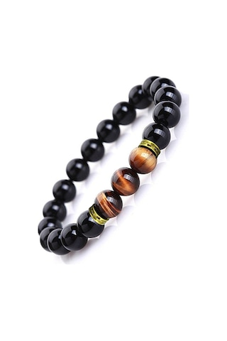 Parlak Oniks Kaplan Gözü Taşlı Bakır Detaylı Unisex Bileklik Okbp Çok Renkli