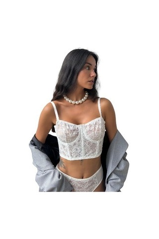 Onsekiz18shop İçi Boş Gümüş Simli Çiçekli Tül Beyaz Büstiyer Takım