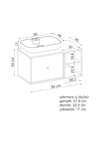 Gusto Ayaksız Oval Lavabolu Mdf 90 Cm Çekmeceli Banyo Dolabı Atl Atlantik Çam