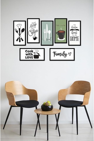 Kututr Modern Mutfak Temalı Dekoratif Duvar Tablo Seti, 7 Parça, Mdf, Çerçeve Görünümlü, Çok Renkli