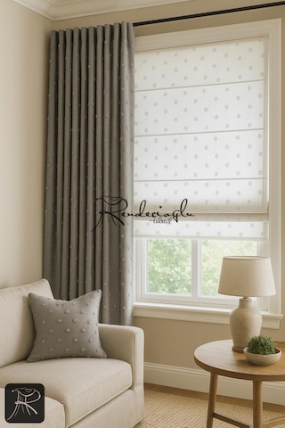 Tül Perde Püsküllü Katlamalı Mekanizmalı Sistem Keten Dokulu Ekru