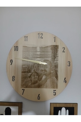 Kişiye Özel Fotoğraflı Ahşap Duvar Saati Led Işıklı Açık Ahşap