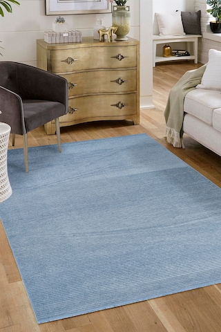 Line Serisi Kaymaz Taban Yıkanabilir Dekoratif Modern Şönil Kilim Mavi
