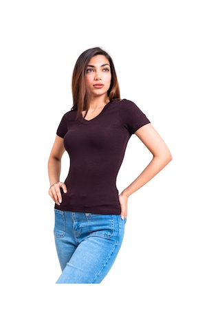Thiff Kadın Ribana Buzy V Yaka T-shirt Tişört Kahverengi