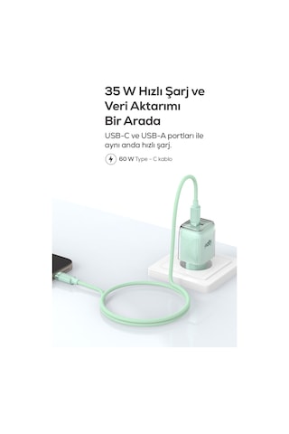 Hızlı Şarj Adaptörü 35w Gan + Type-c Kablo 60w Pd Usb-c & Usb-a, Laptop & Telefon Yeşil-v0102022