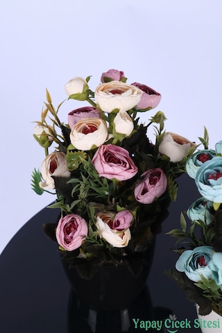 Yapay Çiçek Sitesi Plastik Saksıda Yapay Tomurcuklu Ranunkulus Tanzimi 2'li Set 30 Cm Pembe Krem - Turkuaz