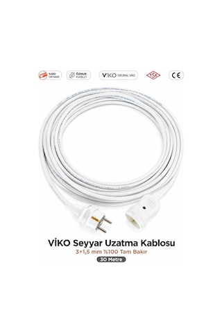 Viko Seyyar Uzatma Kablosu 30m 30 Metre 3x1.5 Mm %100 Bakır Öznur Kablo Viko Erkek Dişi Fiş Klemens Terminalli Topraklı Tse Ce Belgeli 30 M